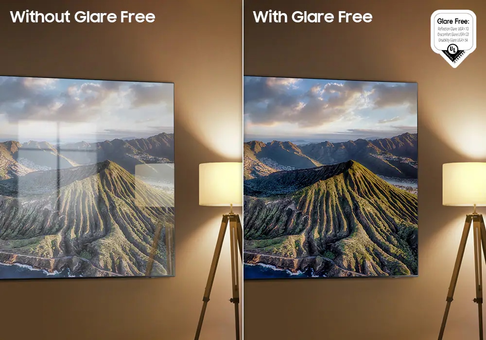 Comparison of TV screens with and without Glare Free. Glare Free Reflection UGR<10 Discomfort <22 Disability <34 UL logo.