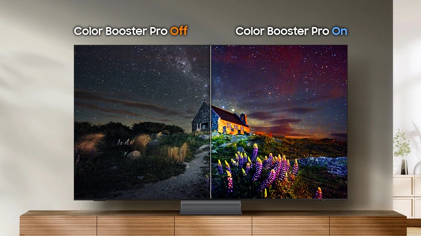 A TV displays a split screen with Color Booster Pro Off, which is dull, and Color Booster Pro On, which is vivid.