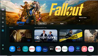 A TV screen displays apps, services and streaming options available with Samsung One UI Tizen.