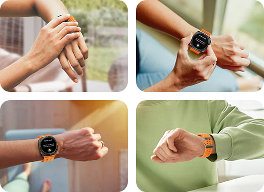 Four different shots of a user trying out Galaxy Watch Universal Gesture, including touching and looking at their watch.
