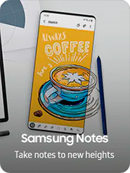 A Samsung Smartphone with the S Pen next to it, displays a coffee graphic on the screen to show off Samsung’s Note feature.