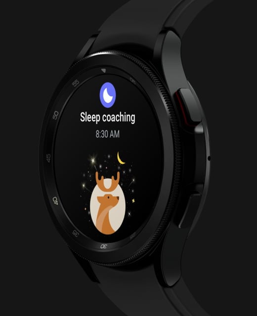 Black Galaxy Watch4 Classic displays a Sleep Coaching message with the deer sleep symbol.