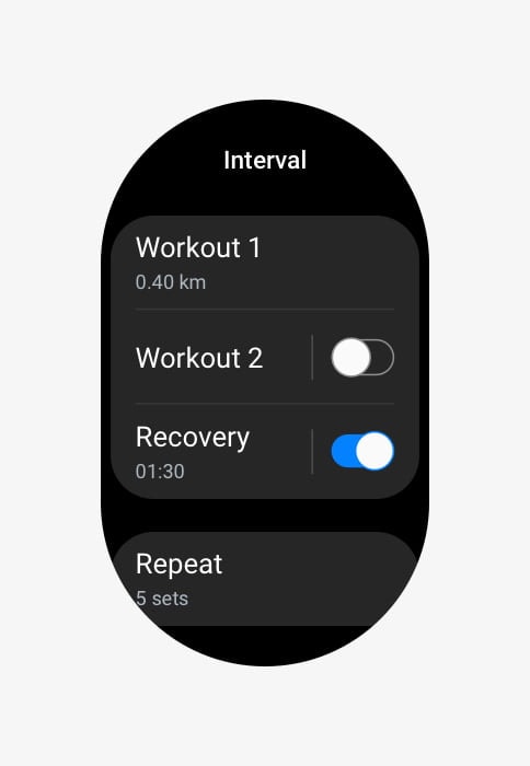 'Interval' is shown with options for workout 1, workout 2, recovery and repeat.