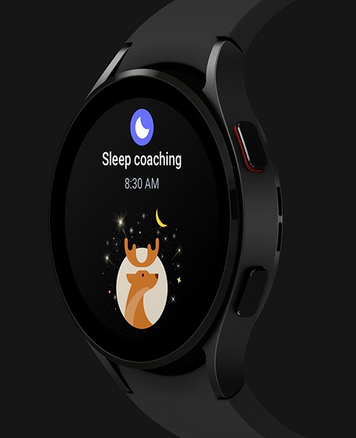 A black Galaxy Watch4 displays a Sleep Coaching message with the deer sleep symbol.