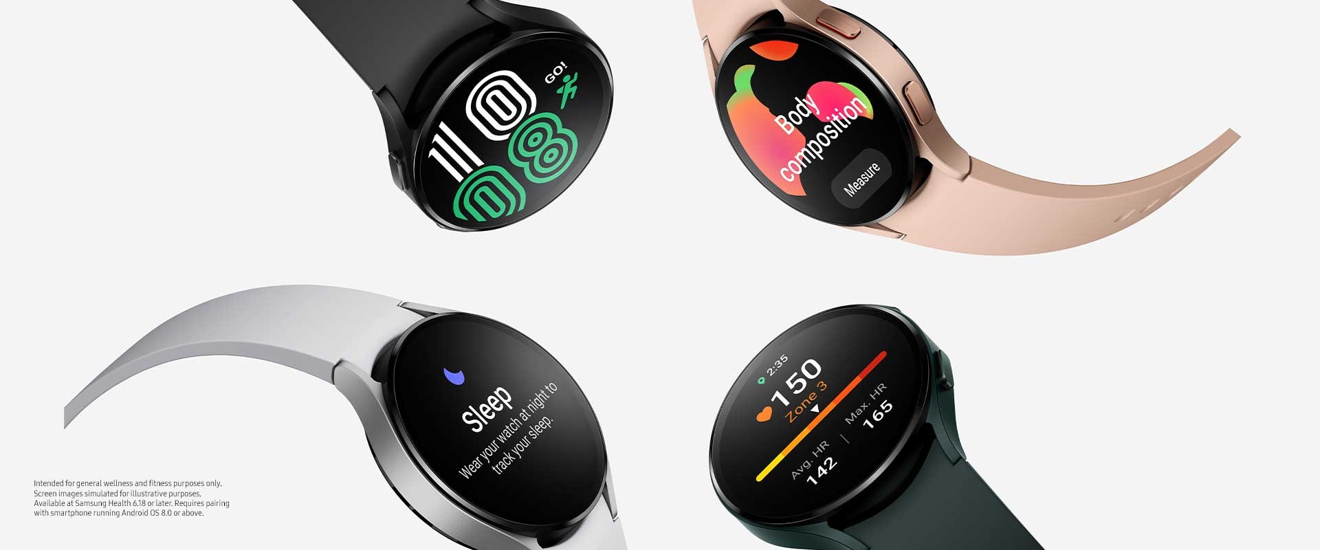 Four Galaxy Watch4 devices are grouped together, with each watch prominently showing different watch face styles to tell the time. Each watch is in a different color, from black, pink gold, green, to silver.