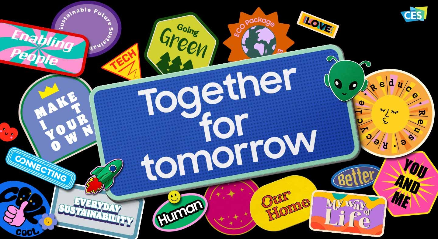 ملصقات رسومية للكلمات المفتاحية من إعلانات Samsung CES مع العبارة الشهيرة Together for tomorrow وشعار CES