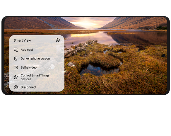 مۆبایلێکی زیرەکی Galaxy بە پەلەوەری Smart View لەسەر شاشەکە کە 5 بژاردە پیشان دەدات: App cast ،Darken phone screen ،Selfie video ،Control SmartThings ئامێرەکان و پەیوەندی ببڕن.