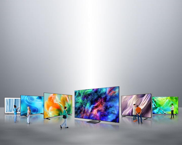 چندین نفر در حال بازدید از نمایشگاه سری تلویزیون‌های 2026 Samsung، شامل Micro RGB، Neo QLED، OLED، Mini LED، Crystal UHD و The Frame هستند.