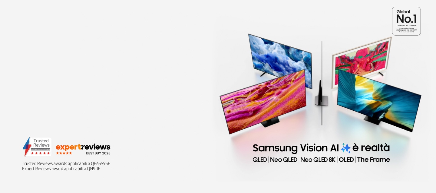 Una TV spenta è posizionata da sola. Sullo schermo appare un paesaggio astratto in un vivace blu. Improvvisamente, la TV si sposta al centro, circondata da altri quattro modelli di TV. Il testo in basso recita: "Samsung Vision AI è arrivata". QLED, Neo QLED, Neo QLED 8K, OLED e The Frame. together. Samsung Vision AI is here.