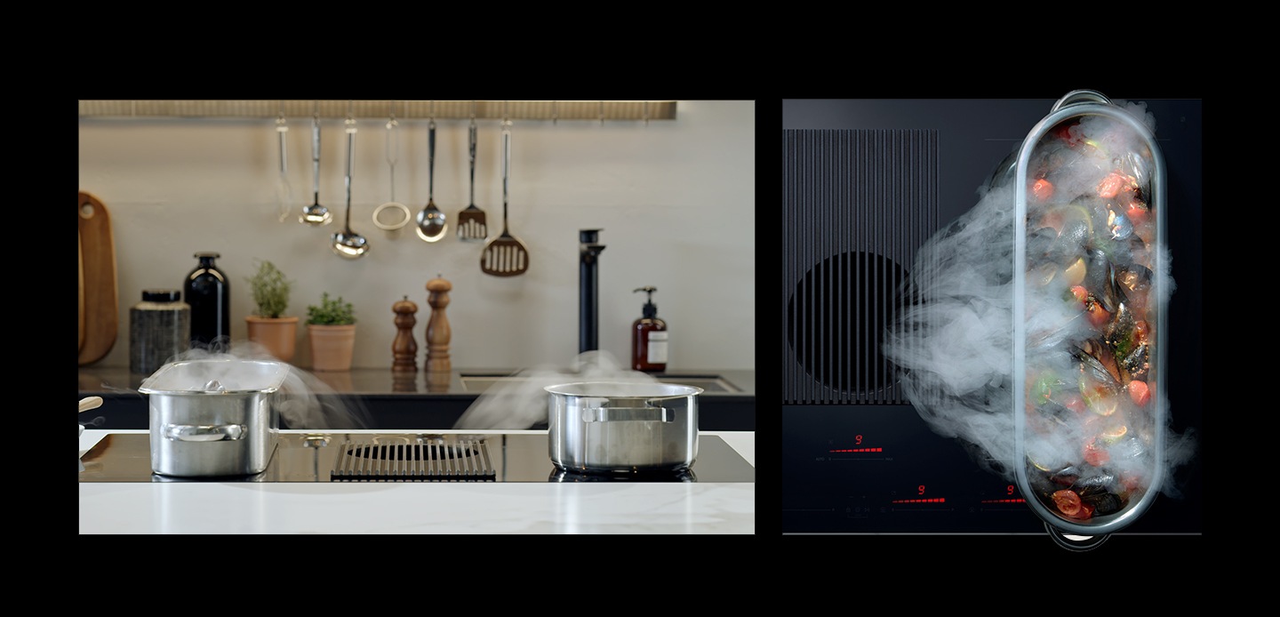 Samsung cooktop with downdraft extractor hood sucks in smoke from the two cooking pots on the flex induction hob.