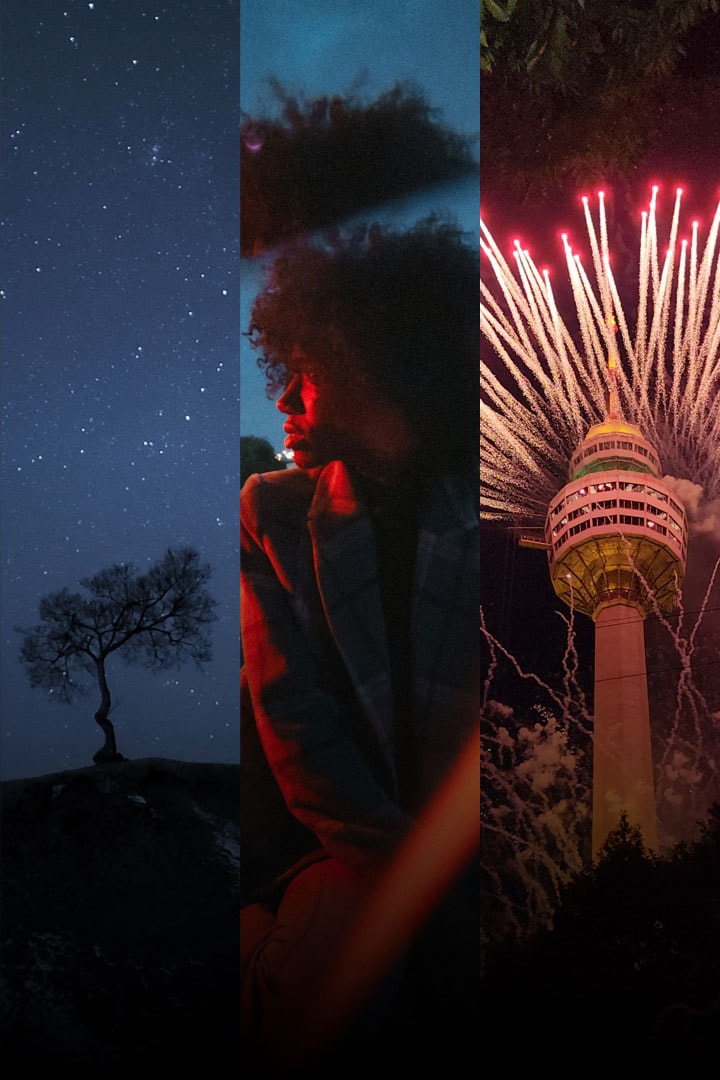 Collage di foto: un albero di notte, una donna durante l’ora blu e fuochi d’artificio rosa da un grattacielo di notte.
