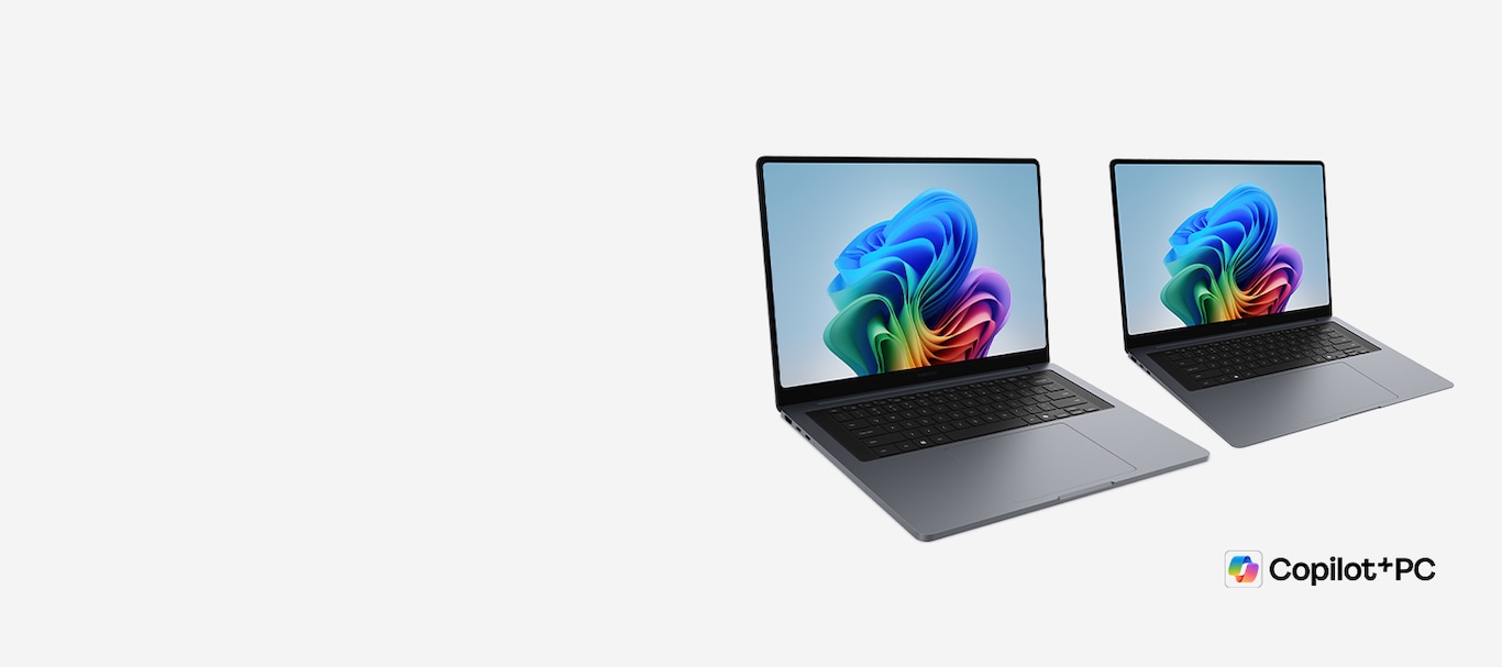 Galaxy Book6 Ultra è aperto e rivolto leggermente verso destra con uno sfondo colorato visualizzato a video. Galaxy Book6 Pro è aperto, rivolto verso destra con uno sfondo colorato visualizzato a video. Logo Copilot+ PC.