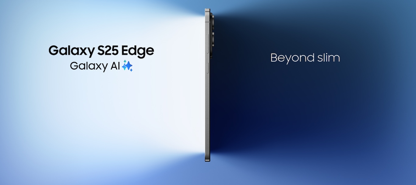 Galaxy S25 Edge è mostrato dal lato del tasto di accensione. Galaxy AI Beyond slim
