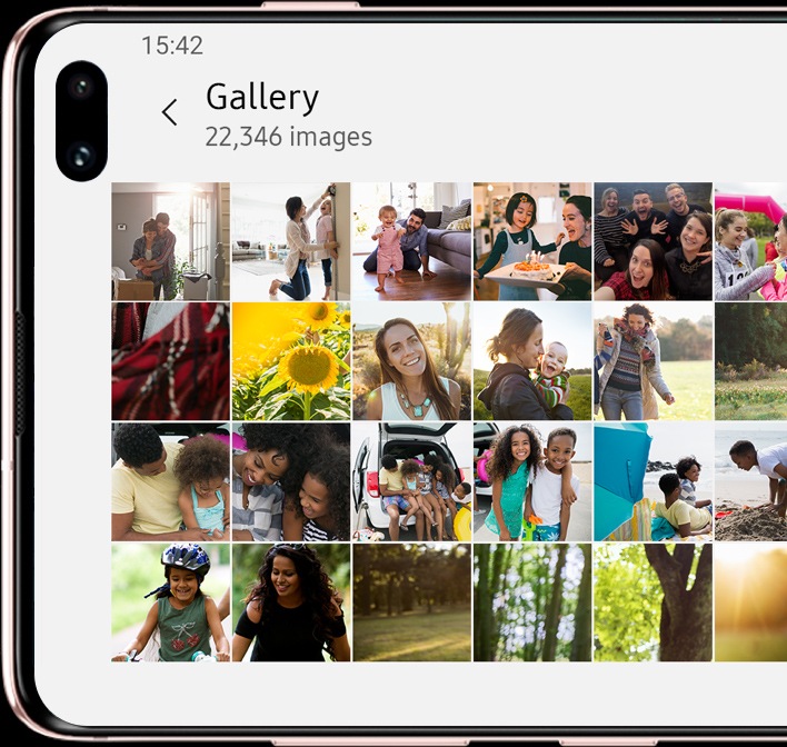 Front view of Galaxy S10+ in landscape mode with only the top half of the screen visible with the gallery interface showing various images shot on the Galaxy S10+.