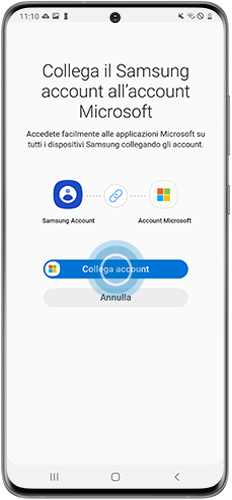 Schermata di connessione fra account Samsung e Microsoft