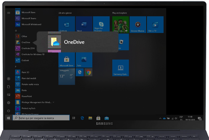 Schermata del PC con la cartella OneDrive nella sezione Start