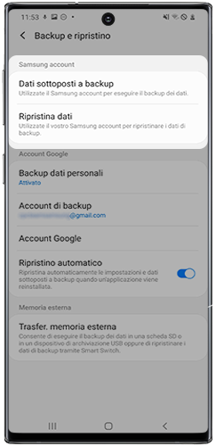 Nella sezione Backup e ripristino accedi ai diversi account connessi con il telefono