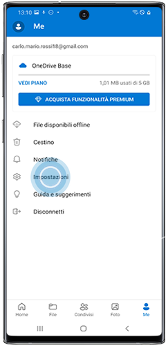 Menu del profilo dell'app Microsoft OneDrive