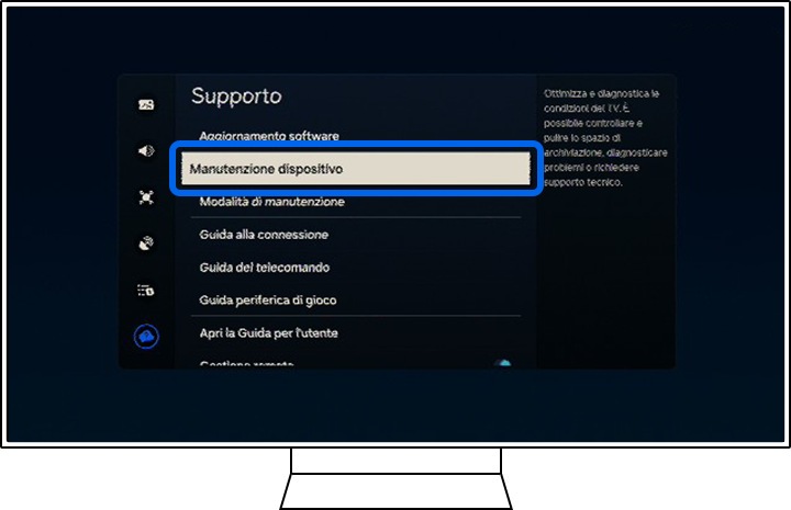 Una TV Samsung mostra le opzioni di supporto.