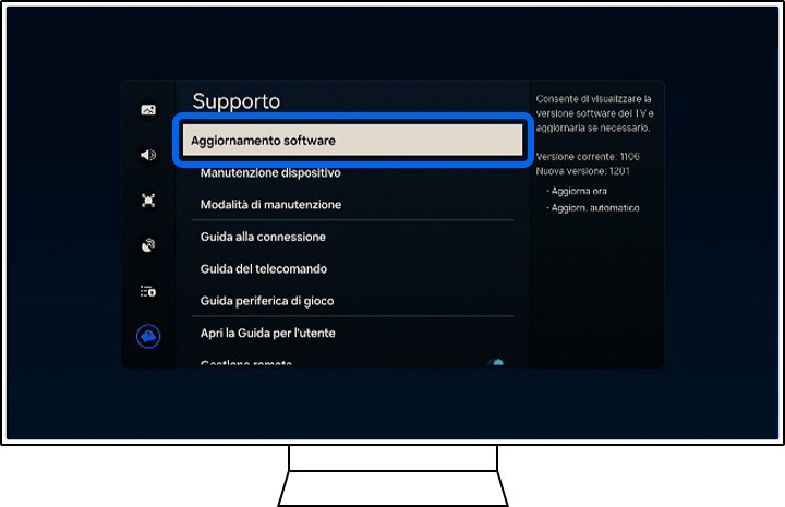 Una TV Samsung mostra le opzioni di supporto.