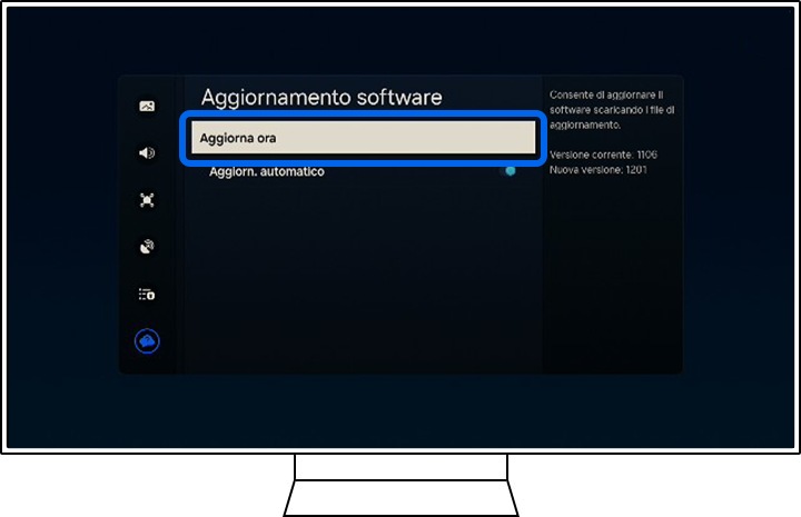 Una TV Samsung mostra le opzioni software.