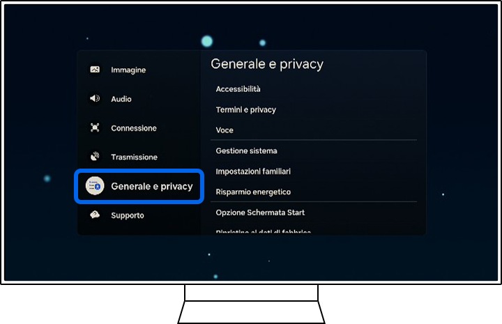 Una TV Samsung mostra le opzioni Impostazioni.