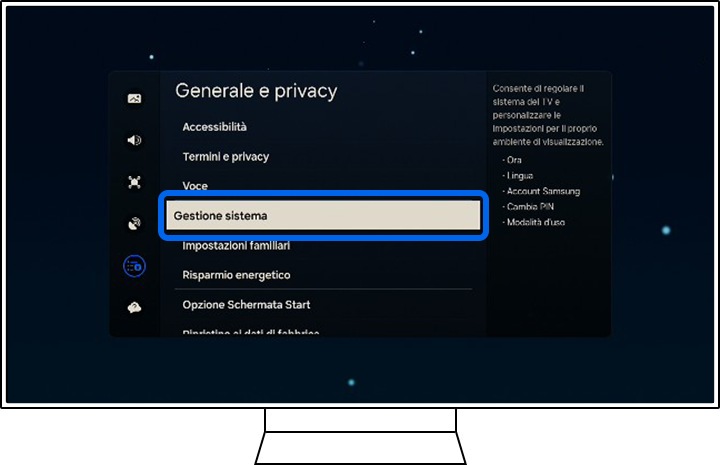 Una TV Samsung mostra le opzioni generali e sulla privacy