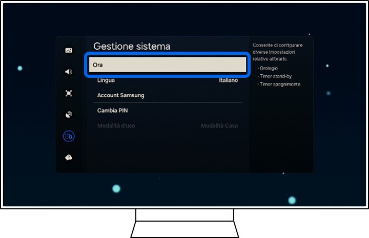 Una TV Samsung mostra le opzioni Gestione sistema/tempo