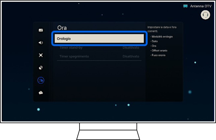 Una TV Samsung mostra le opzioni Ora e Orologio