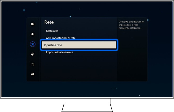 Una TV Samsung mostra le opzioni di rete.