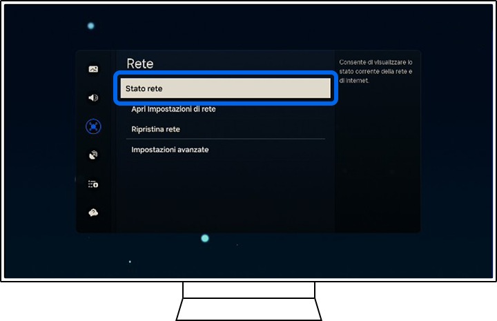 Una TV Samsung mostra le opzioni di rete.