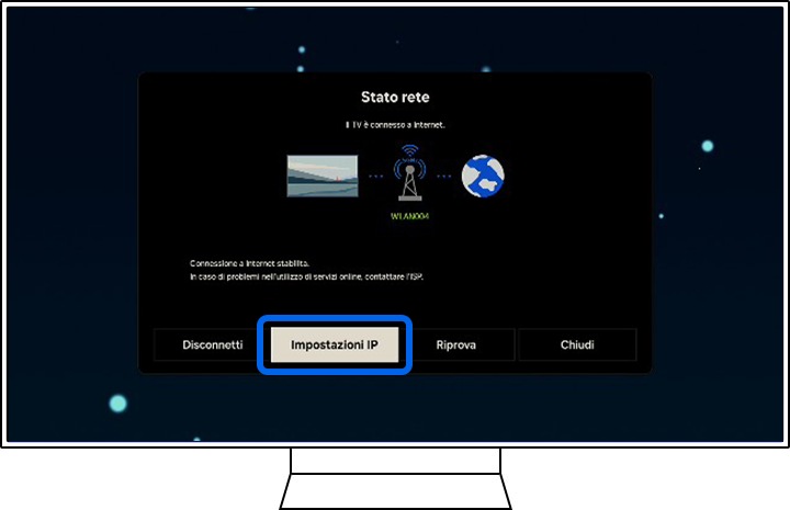 Una TV Samsung mostra le opzioni di stato della rete.