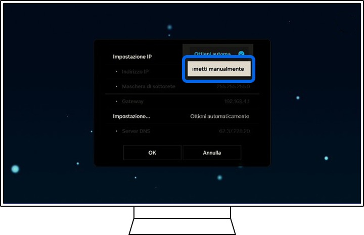 Una TV Samsung mostra il menu a comparsa delle Impostazioni IP.