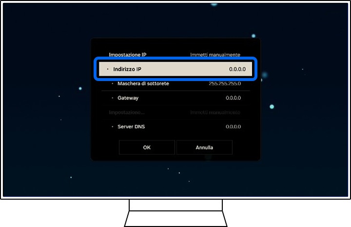Una TV Samsung mostra le informazioni sulle impostazioni IP.