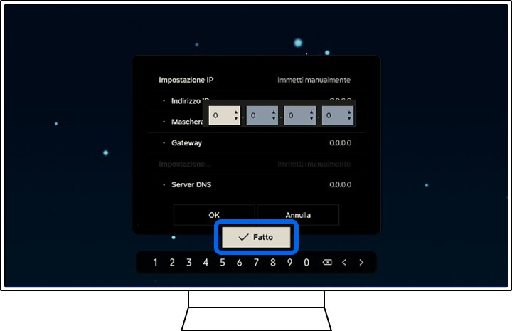 Una TV Samsung mostra i campi del modulo Impostazioni IP.