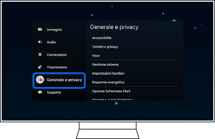 Una TV Samsung mostra le opzioni Tutte le impostazioni.