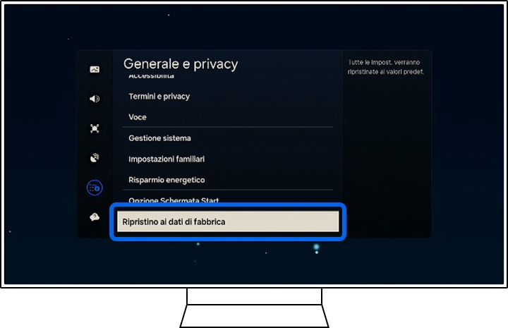 Una TV Samsung mostra le opzioni Generali e Privacy.