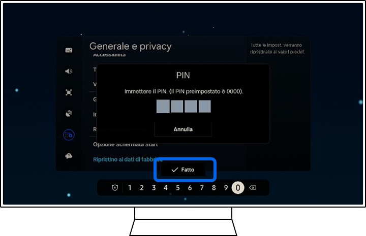 Una TV Samsung mostra il campo di inserimento del PIN.