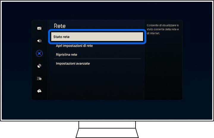 Una TV Samsung mostra le opzioni del menu Rete.