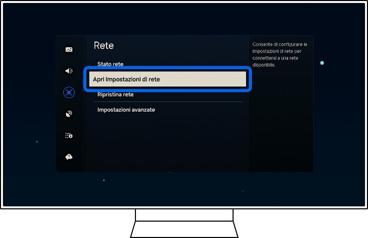 Una TV Samsung mostra le opzioni di rete.