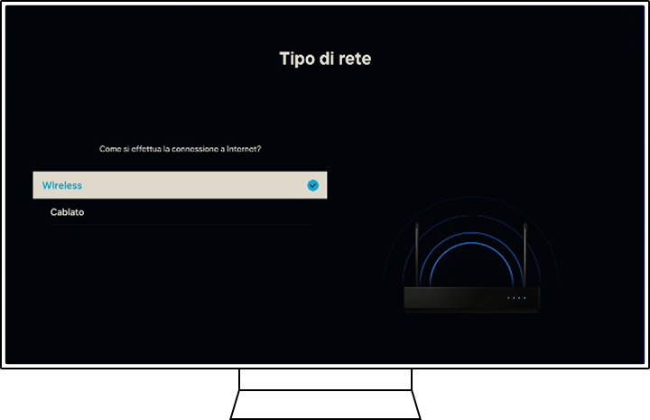 Una TV Samsung mostra la schermata di selezione del tipo di rete.