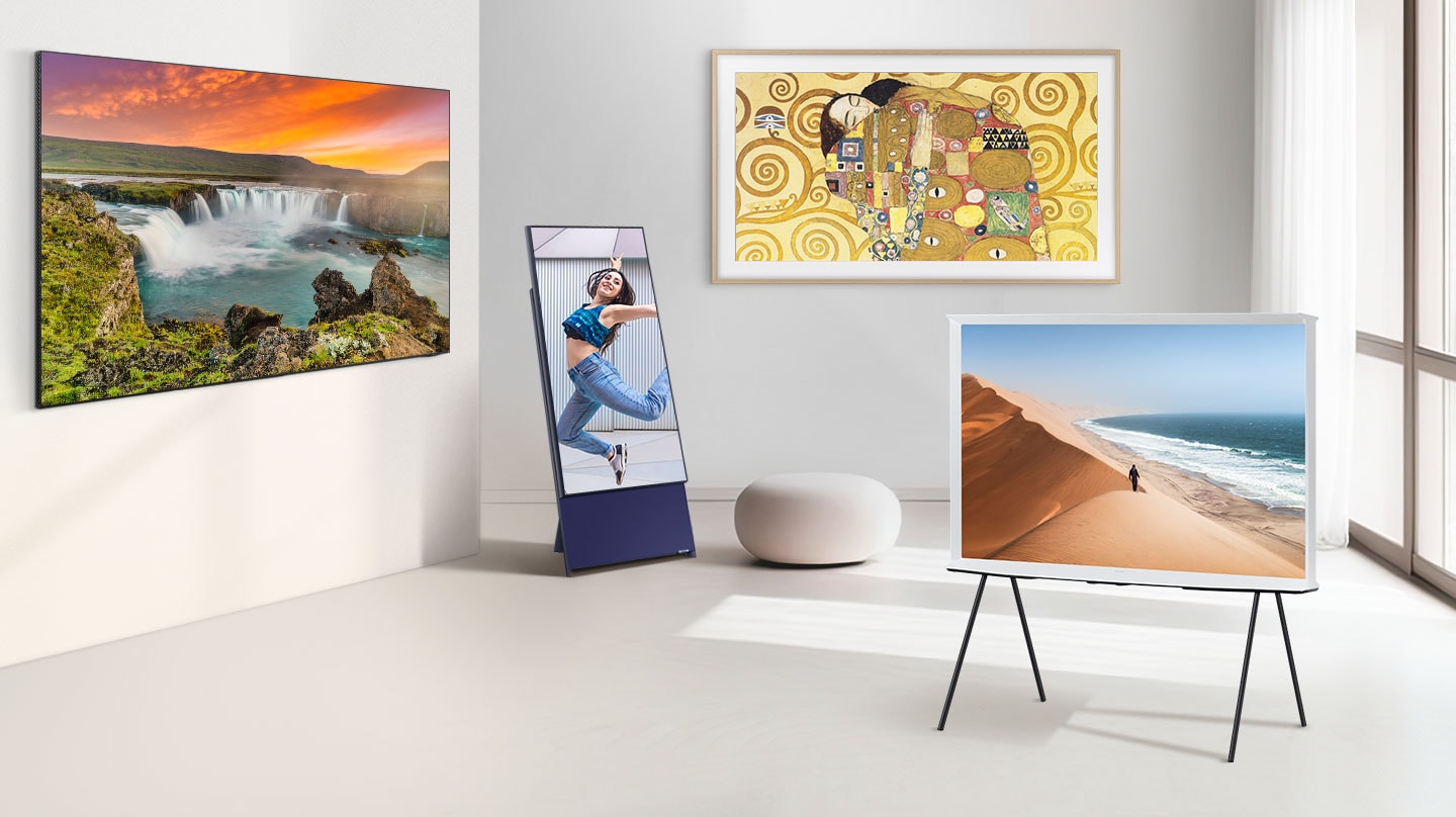 Un gruppo di diversi televisori Samsung: The Frame, The Sero, The Serif e un QLED.