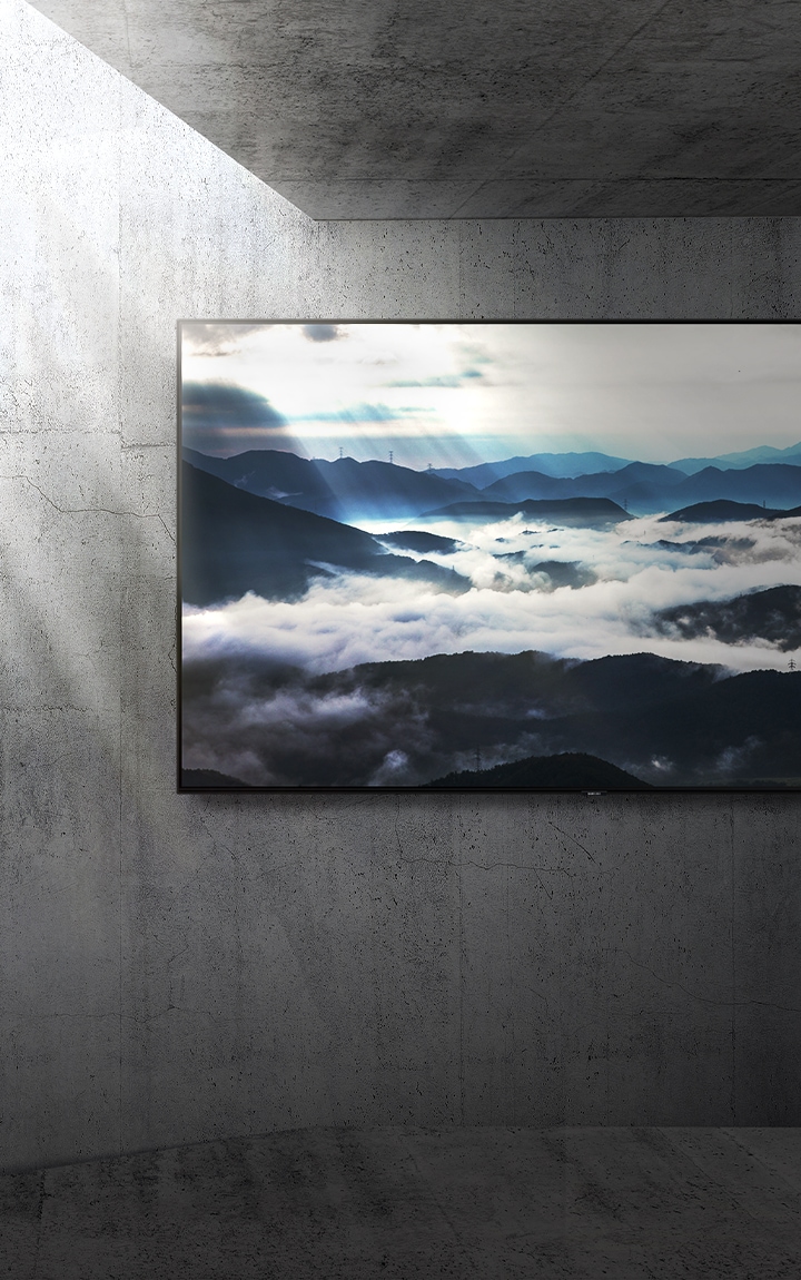 Un grande schermo TV montato su una parete di cemento trasmette un paesaggio naturale in risoluzione 4K, mentre viene colpito dalla luce del sole a sinistra.