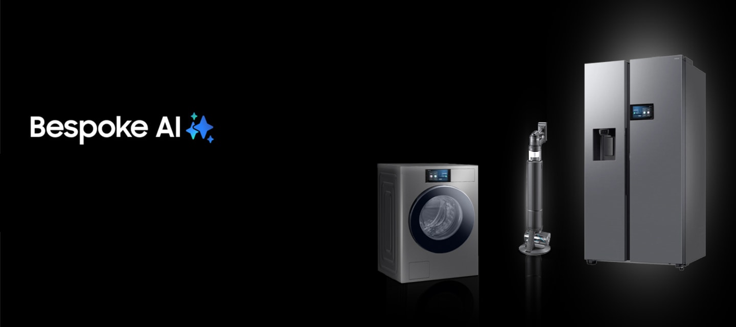 La gamma di prodotti Bespoke AI di Samsung include: Lavanderia Bespoke AI, Lavastoviglie Smart Bespoke, Aspirapolvere Robotica Jet Bot Combo AI Bespoke, Forno a Induzione Bespoke e Frigorifero a 4 Porte con Porta a Battente Francese. Logo di Bespoke AI.