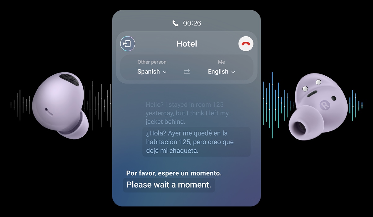 画面に翻訳済みの英語とスペイン語を表示した通訳アプリのGUI画面が見える。GUIの間には、スピーカーフォンとGalaxy Budsを介した双方向の翻訳を示すテキストとアイコンがある。