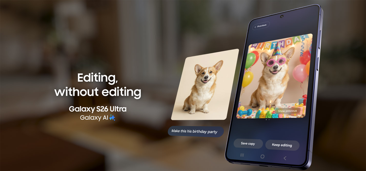 GalaxyのAI機能であるGalaxy AIを活用したイメージ。Galaxy S26 Ultraの画面にはGalaxy  AIで編集した犬の写真が写っている。
