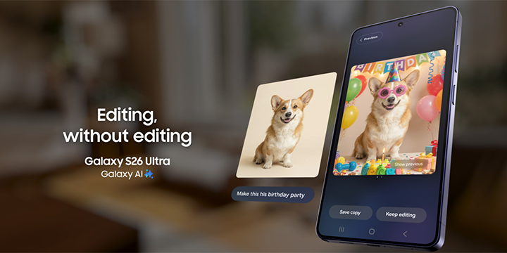 GalaxyのAI機能であるGalaxy AIを活用したイメージ。Galaxy S26 Ultraの画面にはGalaxy  AIで編集した犬の写真が写っている。