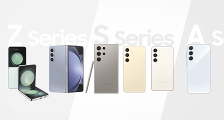 横一列に並べられたGalaxy（ギャラクシー）のスマートフォン。左から順にGalaxy Z Flip5（ギャラクシーZフリップ5）、Galaxy Z Fold5（ギャラクシーZフォールド5）、Galaxy S24 Ultra（ギャラクシーS24ウルトラ）、Galaxy S24（ギャラクシーS24）、Galaxy S23 FE（ギャラクシーS23 FE）、Galaxy A55 5G（ギャラクシーA55ファイブジー）が並んでいる。