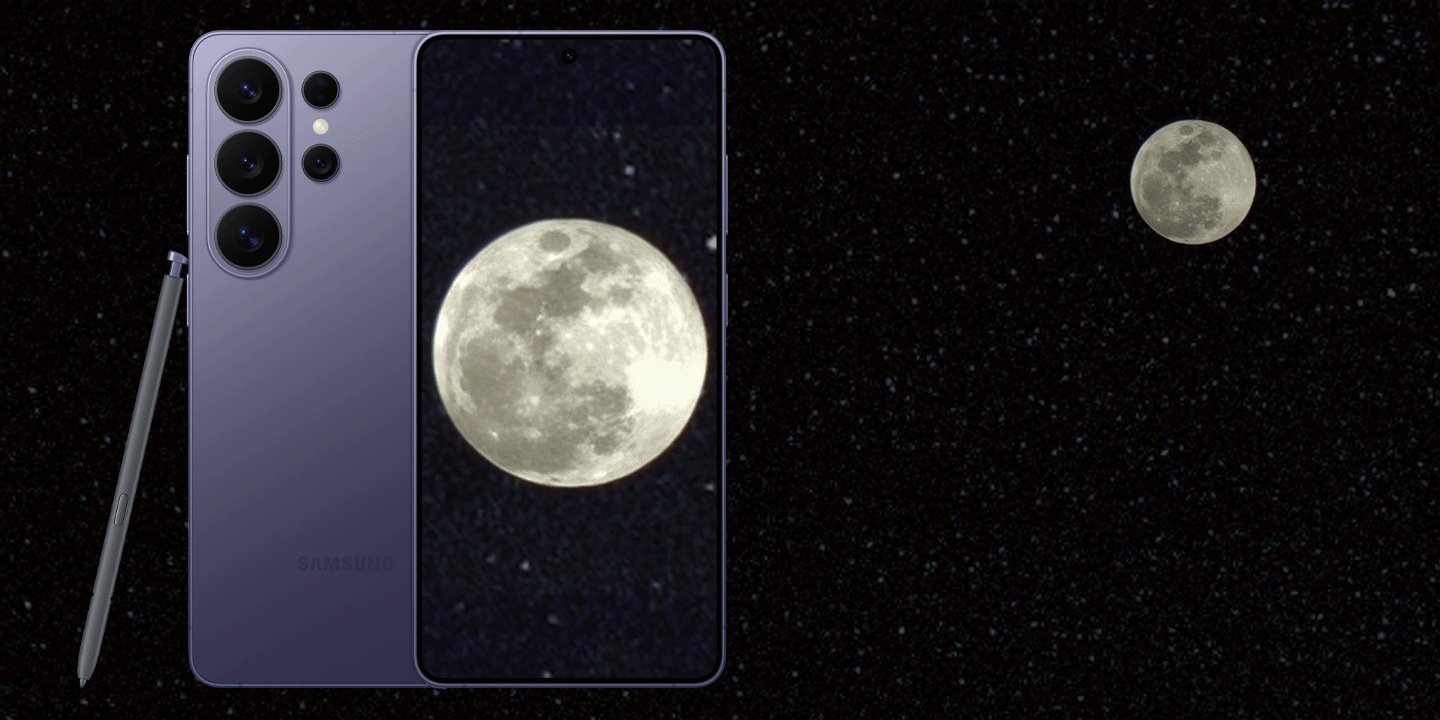 Galaxy S26 Ultraと満月の写真。Galaxy S26 Ultraで撮影した満月の写真がデバイス内に映し出されている。