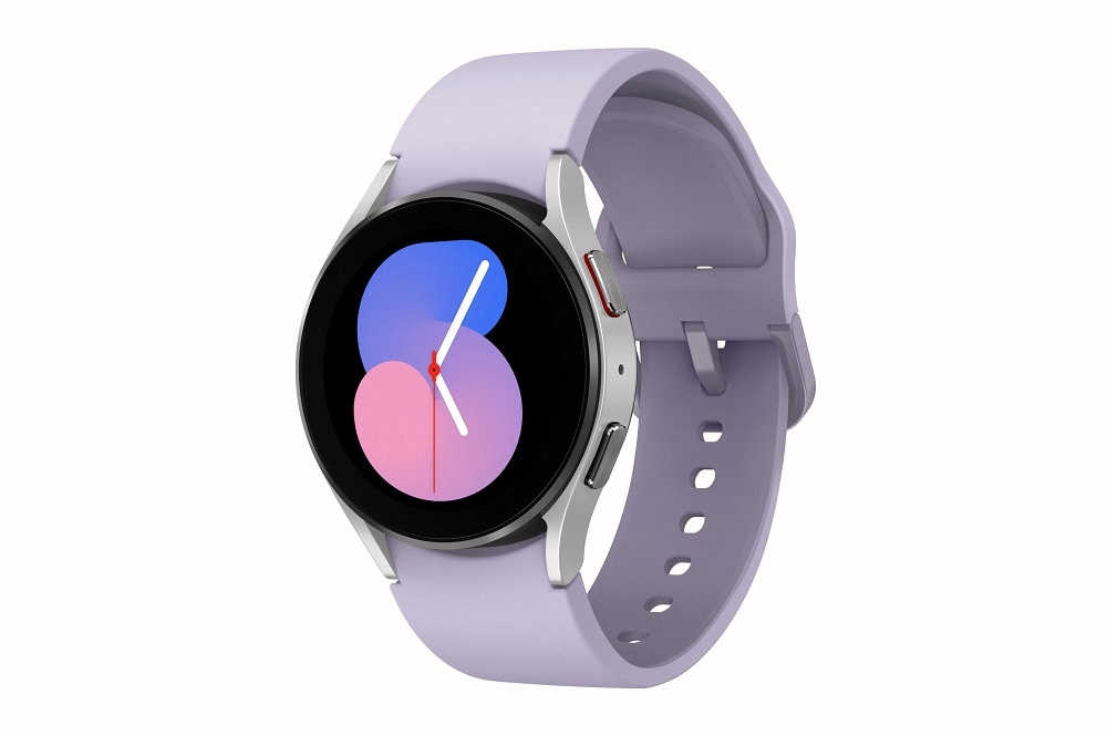 斜め横から見たBora Purple(ボラパープル)のGalaxy Watch5(ギャラクシーウォッチ5)。